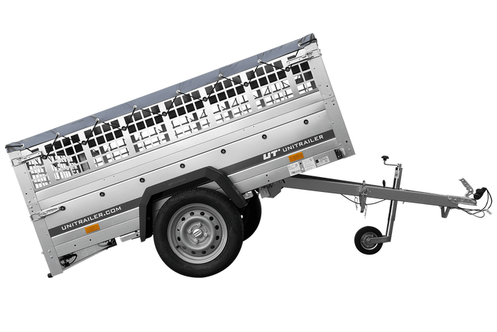 Autoaanhangwagen op veren 200x125 UNITRAILER GARDEN 201/R KIPP met gaaswanden, H-0 frame en grijze afdekking