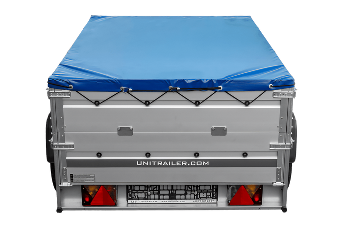 Autoaanhanger met aluminium zijwanden 200x125 Unitrailer Garden 201 KIPP ALU met BIS-zijwanden, H-0 frame en blauwe afdekking