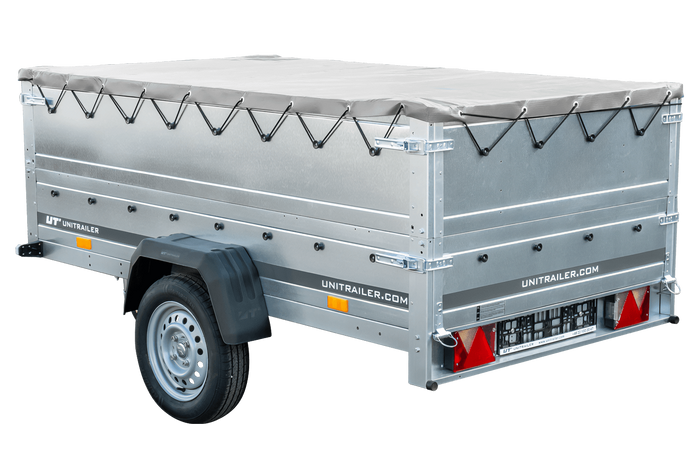 Eenassige aanhanger met een GARDEN TRAILER 230 KIPP met een steunwiel, twee zijkanten en een grijze vlakke kap