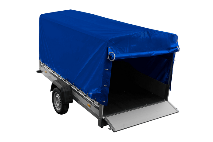 Autoaanhanger met aluminium zijwanden 264x150 Unitrailer Garden 265 KIPP ALU met H-1100 frame en blauwe afdekking