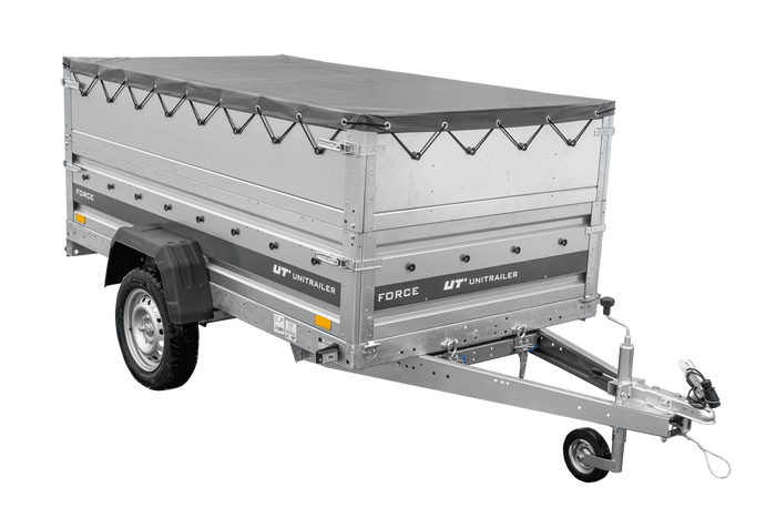 Lichte aanhanger 230x125 UNITRAILER FORCE 230 KIPP met BIS-zijwanden, H-0 frame en grijze afdekking