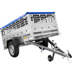 Garden trailer 200 kipp met steunwiel, gaaszijzijden en blauw plat dekzeil