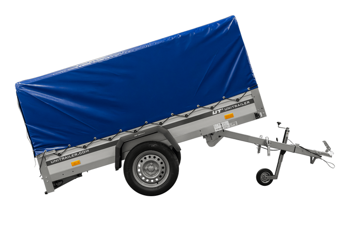 Enkelassige aanhanger met aluminium zijwanden 230x125 Unitrailer Garden 230 KIPP ALU met H-800 frame en blauwe afdekking