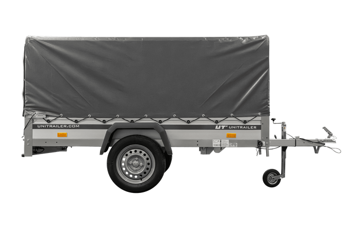 Enkelassige aanhanger met aluminium zijwanden 230x125 Unitrailer Garden 230 KIPP ALU met H-800 frame en grijze afdekking