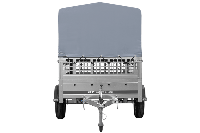 Enkelassige aanhanger 200x125 UNITRAILER GARDEN 201 KIPP met gaaswanden, H-800 frame en grijze afdekking