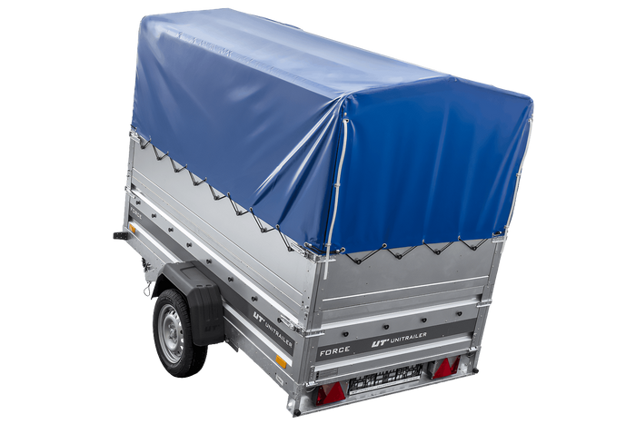 Enkelassige aanhanger op veren 230x125 UNITRAILER FORCE 230/R KIPP met BIS-zijwanden, H-800 frame en blauwe afdekking