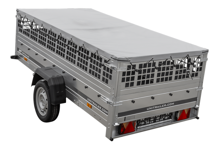 Enkelassige aanhangwagen 264x125 UNITRAILER GARDEN 264 KIPP met gaaswanden en grijs dekzeil