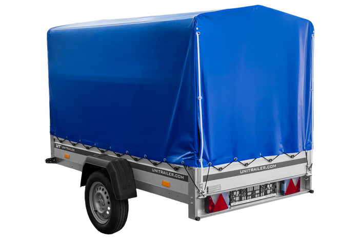 Autoaanhanger met aluminium zijwanden 230x125 Unitrailer Garden 230 KIPP ALU met H1100 frame en blauwe afdekking