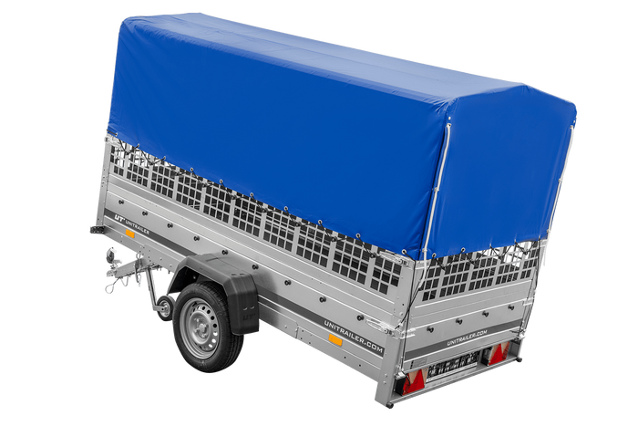 Lichte aanhangwagen 264x125 UNITRAILER GARDEN 264 KIPP met gaaswanden, H-800 frame en blauwe kap
