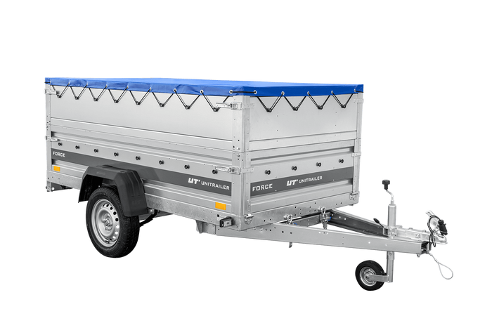 Autotransportaanhanger op veren 230x125 UNITRAILER FORCE 230/R KIPP met BIS-zijwanden, H-0 frame en blauwe afdekking