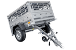 Kleine enkelassige aanhanger Unitrailer GARDEN TRAILER 150 KIPP met steunwiel, gaaswanden en een vlakke grijze kap