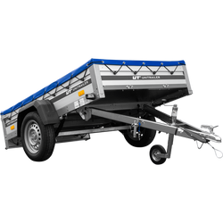 Enkelassige aanhanger op veren met aluminium zijwanden 200x125 Unitrailer Garden 201/R KIPP ALU met H-0 frame en blauwe afdekking