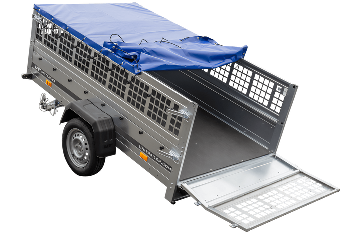 Lichte aanhanger 230x125 UNITRAILER GARDEN 230 KIPP met gaaswanden en H-0 frame en blauwe hoes
