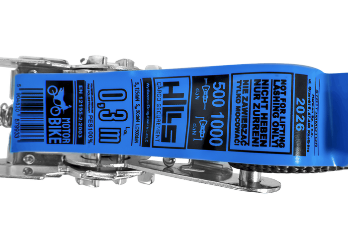 Set van twee HILLS 3m/25mm/1t transportbanden met spanmechanisme en twee 0,45m riemen voor het vastzetten van de motorfiets.