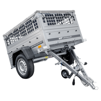 Kleine enkelassige aanhanger Unitrailer GARDEN TRAILER 150 KIPP met steunwiel, gaaswanden en een vlakke grijze kap
