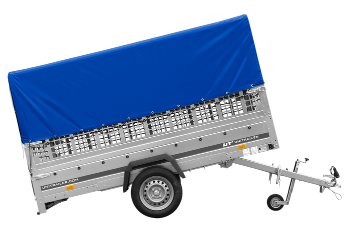 Lichte aanhangwagen 264x125 UNITRAILER GARDEN 264 KIPP met gaaswanden, H-800 frame en blauwe kap