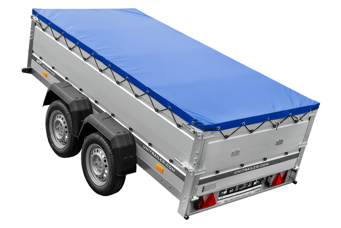 Tweeassige aanhanger met aluminium zijwanden 264x125 Unitrailer Garden 264/2 KIPP ALU met BIS-zijwanden, H-0 frame en blauwe afdekking