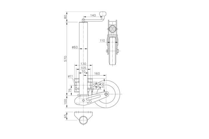 WINTERHOFF VK 60-BLH-255 SB automatische steunwiel met handgreep 500 kg 60 mm 670-905 mm