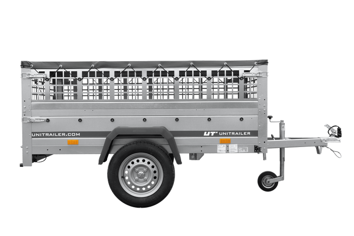 Enkelassige aanhanger 200x125 UNITRAILER GARDEN 201 KIPP met gaaswanden en grijze afdekking