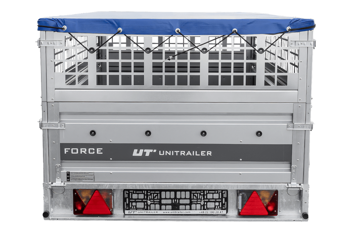 Enkelassige aanhanger 264x125 UNITRAILER FORCE 264 KIPP met gaaswanden, H-0 frame en blauwe afdekking.