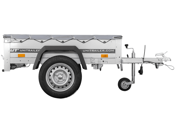 Enkelassige aanhanger 150x106 UNITRAILER GARDEN 150 KIPP met H-0 frame en grijze afdekking