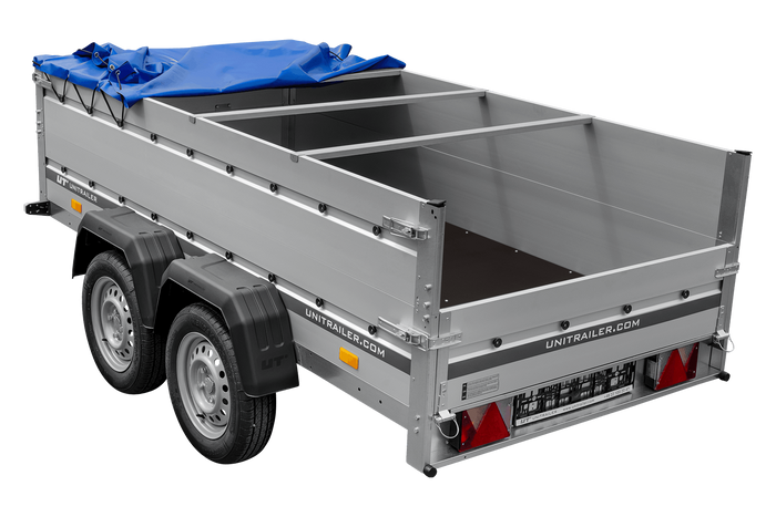 Tweeassige aanhanger met aluminium zijwanden 264x125 Unitrailer Garden 264/2 KIPP ALU met BIS-zijwanden, H-0 frame en blauwe afdekking