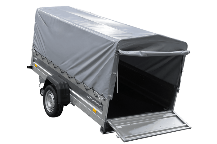 Enkelassige aanhanger op veren 264x125 UNITRAILER FORCE 264/R KIPP met H-800 frame en grijze afdekking