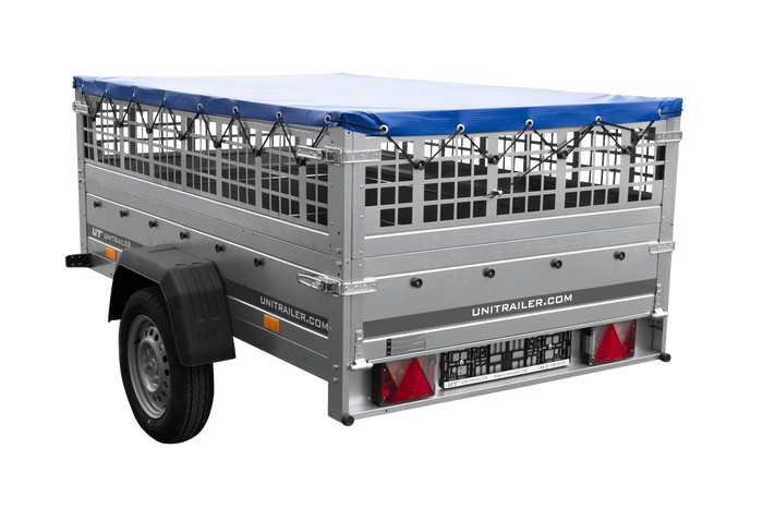 Enkelassige aanhanger 200x125 UNITRAILER GARDEN 201 KIPP met gaaswanden, H-0 frame en blauw dekzeil