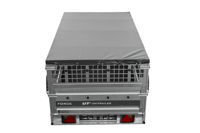 Enkelassige aanhanger 230x125 UNITRAILER FORCE 230 KIPP met gaaswanden, H-0 frame en grijze afdekking.