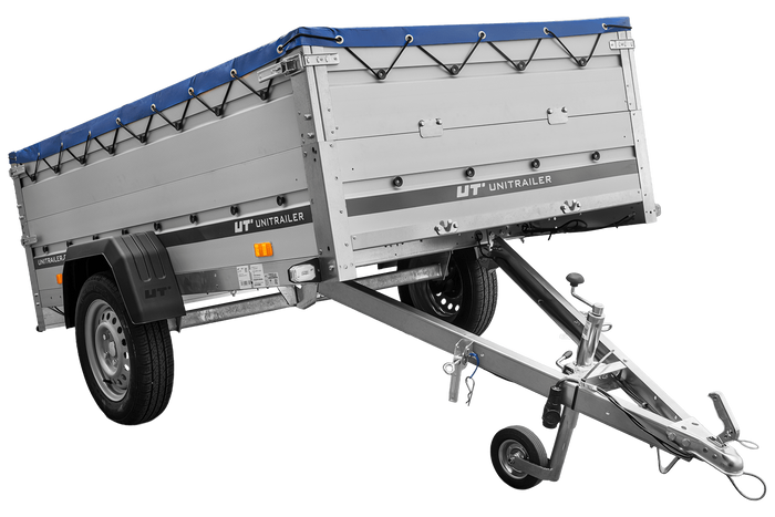 Enkelassige aanhanger met aluminium zijwanden 230x125 Unitrailer Garden 230 KIPP ALU met BIS-zijwanden, H-0 frame en blauwe afdekking