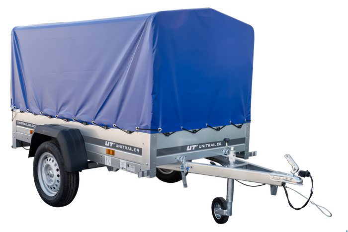 Enkelassige aanhanger 200x106 UNITRAILER GARDEN 200 KIPP met H-800 frame en blauw dekzeil