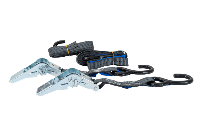 Set van twee HILLS 3m/25mm/1t transportbanden met spanner en twee 0,45m harnassen voor het vastzetten van de motorfiets