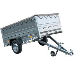 Eenassige aanhanger met een GARDEN TRAILER 230 KIPP met een steunwiel, twee zijkanten en een grijze vlakke kap