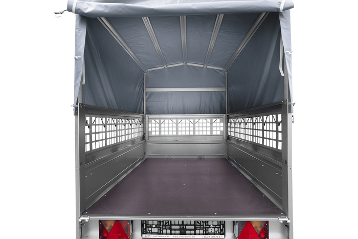 Enkelassige aanhanger 200x125 UNITRAILER GARDEN 201 KIPP met gaaswanden, H-800 frame en grijze afdekking