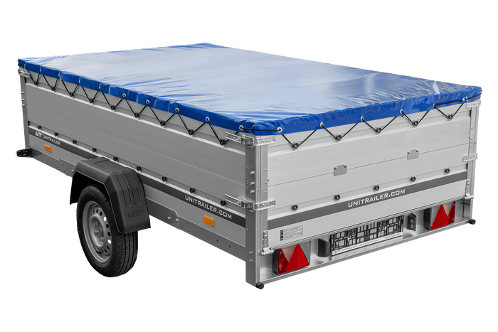 Enkelassige aanhanger met aluminium zijwanden 264x150 Unitrailer Garden 265 KIPP ALU met BIS-zijwanden, H-0 frame en blauwe afdekking