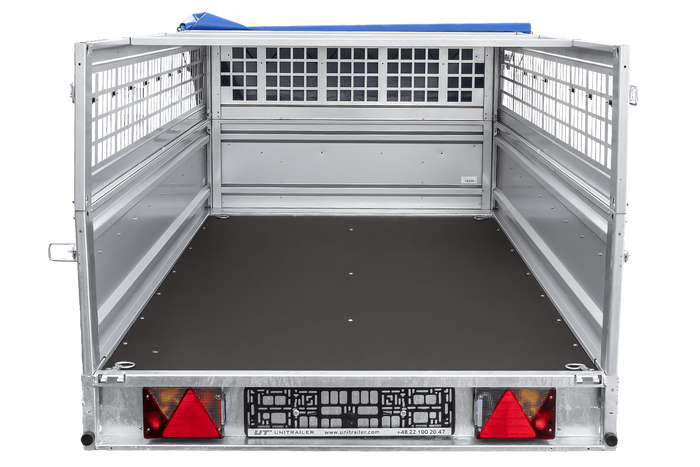 Enkelassige aanhanger 264x125 UNITRAILER FORCE 264 KIPP met gaaswanden, H-0 frame en blauwe afdekking.
