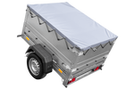 Unitrailer GARDEN TRAILER 150 KIPP met een steunwiel, twee zijkanten en een grijze platte afdekking op een frame