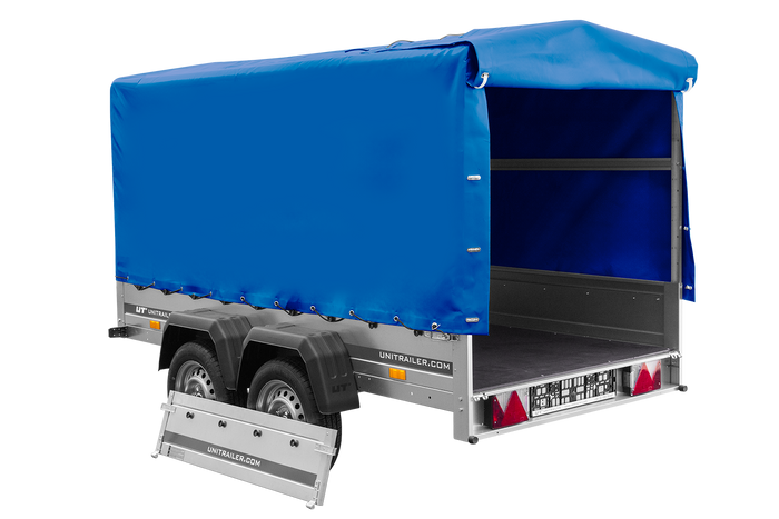 Tweeassige aanhanger 264x125 UNITRAILER GARDEN 264/2 KIPP met H-1100 frame en blauw dekzeil