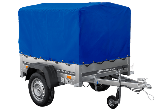 Lichte aanhangwagen Garden Trailer 150 KIPP met afmeting van 150x106 met blauwe zeil en huif MTM 750 KG 
