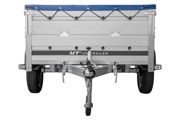 Autoaanhanger met aluminium zijwanden 200x125 Unitrailer Garden 201 KIPP ALU met BIS-zijwanden, H-0 frame en blauwe afdekking