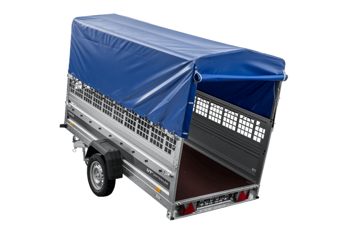 Autotransportaanhanger 264x125 UNITRAILER FORCE 264 KIPP met gaaswanden, H-800 frame en blauwe hoes