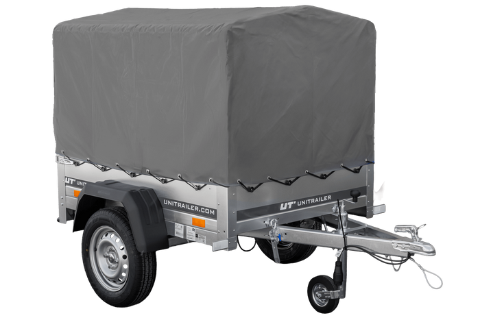 Enkelassige aanhanger 150x106 UNITRAILER GARDEN 150 KIPP met H-800 frame en grijze afdekking