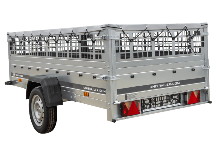 Enkelassige aanhangwagen op veren 264x125 UNITRAILER GARDEN 264/R KIPP met gaaswanden, H-0 frame en grijs zeil