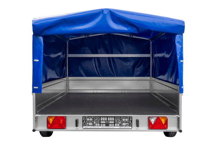 Enkelassige aanhanger op veren 264x150 UNITRAILER GARDEN 265/R KIPP met H-800 frame en blauwe afdekking