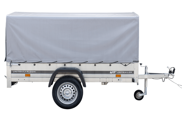 Enkelassige aanhanger 230x125 UNITRAILER GARDEN 230 KIPP met H-800 frame en grijze afdekking
