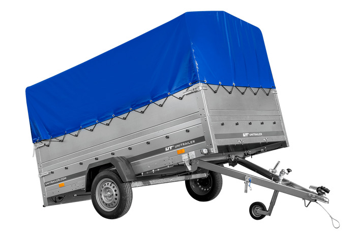 Eenassige aanhangwagen 264x150 UNITRAILER GARDEN 265 KIPP met opzetborden H-800 frame en blauwe huif