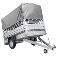 Enkelassige aanhanger 230x125 UNITRAILER FORCE 230 KIPP met gaaswanden, H-800 frame en grijze afdekking.