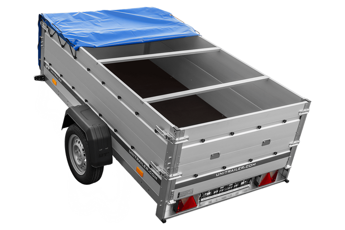Enkelassige aanhanger met aluminium zijwanden 230x125 Unitrailer Garden 230 KIPP ALU met BIS-zijwanden, H-0 frame en blauwe afdekking