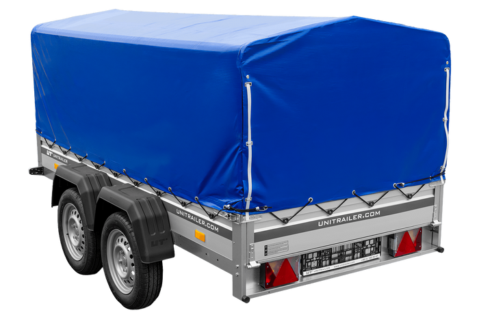 Tweeassige aanhanger met aluminium zijwanden 264x125 Unitrailer Garden 264/2 KIPP ALU met H-800 frame en blauwe afdekking