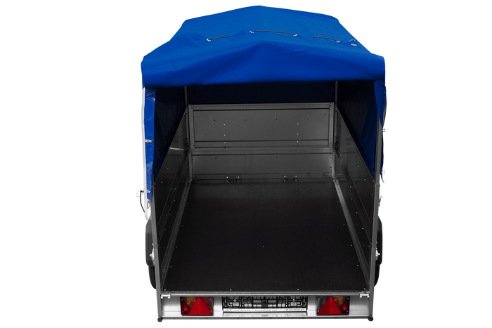 Lichte aanhangwagen op veren 200x125 UNITRAILER GARDEN 201/R KIPP met BIS zijwanden, H-800 frame en blauwe afdekking